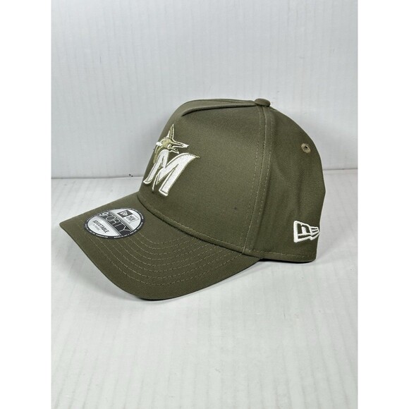 New Era Miami Marlins MLB 9FORTY A-Frame SnapBack Adjustable Hat Cap Olive NWT - Picture 2 of 5